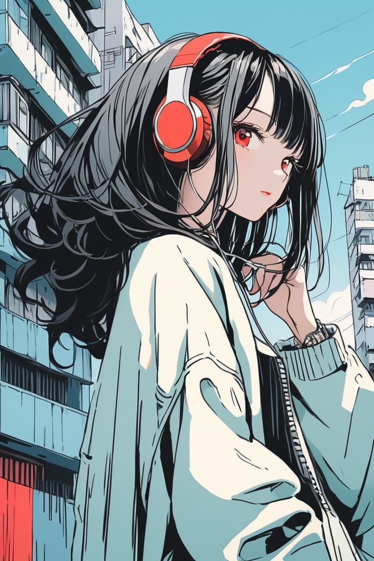 high details, high quality, beautiful, awesome, wallpaper paint art, urban tokyo, cool tone, urban tokyo, retro anime, red eyes, black hair, pale skin, side face, with headphones, fashion pose, shadow details, epic draw, complex background, buildings in the background