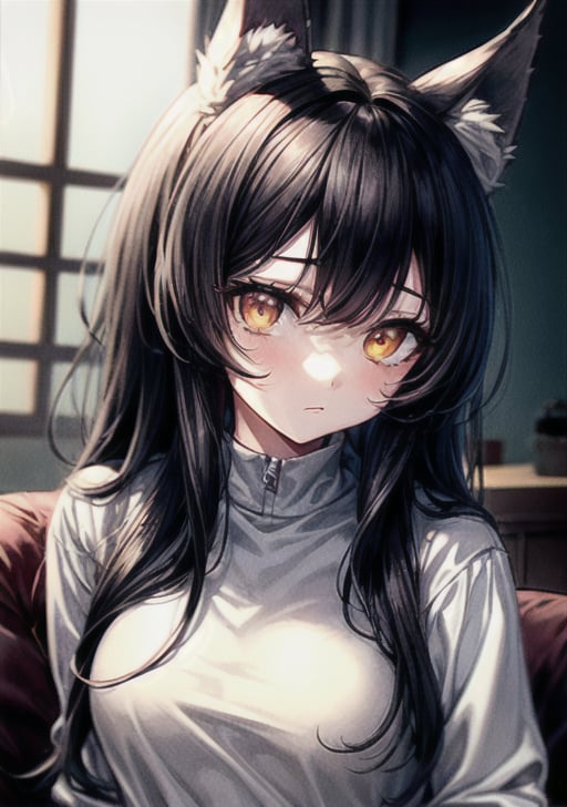 1girl, solo_female, long hair, black hair, masterpiece, wolf ears, wolf tail, white wolf ears, white wolf tail, white sweatshirt, gold eyes, cold expression, looking_at_the_viewer, wearing white denim shorts, portrait, closeup, tall girl, simple_background, indoors, chinese interior, rim lighting, dramatic lighting, beautiful, lineart,txznf