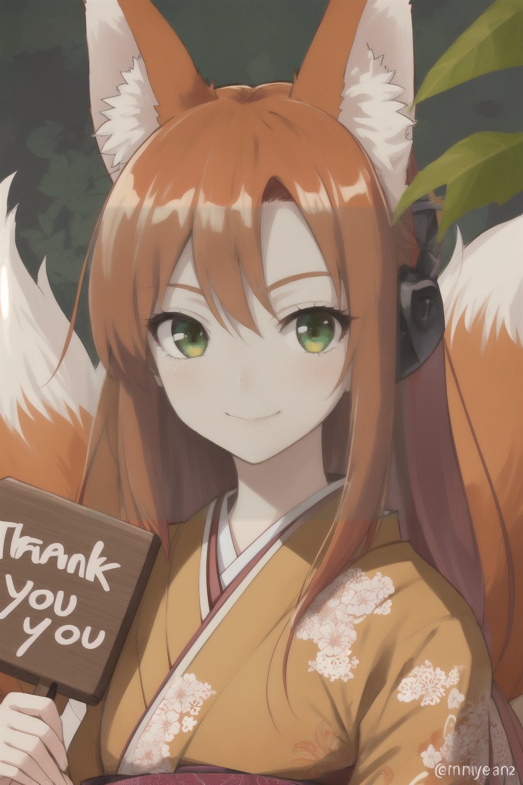 1girl, solo_female, long hair, orange hair, green-eyes, fox eyes, smilling, Japanese, pale skine, tall girl, fox ears, nine tailed fox, nine fox tails, orange fox tails and ears, wearing a reddish kimono printed with white leaves, calm expression, masterpiece, looking_at_viewer, portrait, close up, dynamic angle, crystals, complex background, green-eyes, holding a board that says "thank you for 1K"