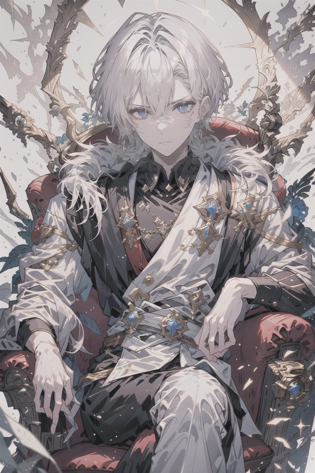 1boy, short hair, white hair, bright lighting, light shining on hair, white background, sitting, prince, blue eyes, pale skin, looking_at_viewer, cold expression, frown, close up, portrait, white royal attire, silver long earpiercing, masterpiece, best quality, amazing quality, white aesthetic, very aesthetic,1guy, masculine, 20 year old