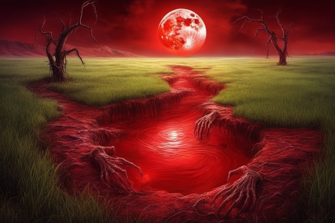 A strange place. The ground is grass that looks like human hands. There are red rivers and an eye shaped big red moon. nightmare scene,  Zombie, Realstic, 