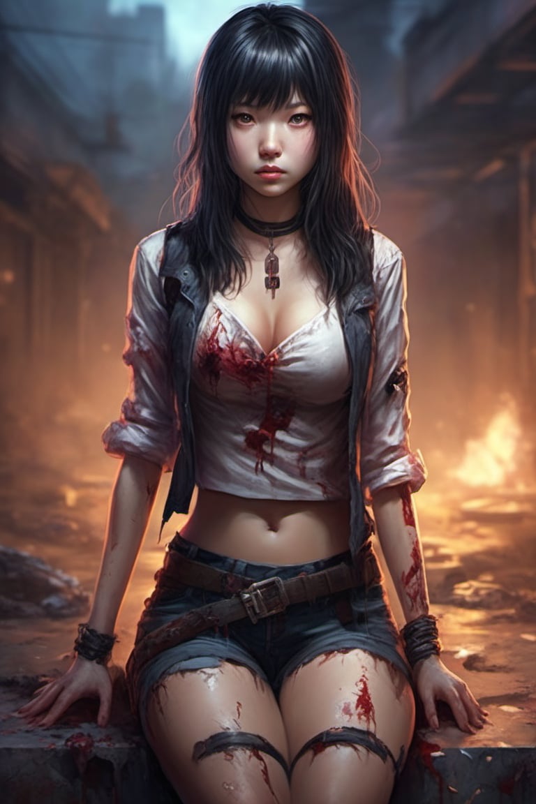 1girl, solo, asian cute girl, long hair, Wound on face, bangs, black hair, medium breasts, sitting, choker,  depth of field, blurry background,  Zombie, Realstic, (full body:1.4), (stand abnormal:1.4)