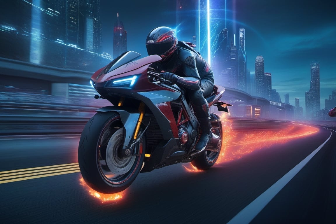 masterpiece, best quality, masterpiece,best quality, A futuristic, high-speed action scene featuring a sleek, red motorcycle tearing down the highway in a cyber-inspired city. The

glowing, burning two wheels emits a bright, electric glow, adding an intense and dynamic effect. The cyber city is depicted with neon lights, holographic billboards, and curving skyscrapers that stretch into the night sky. The atmosphere is both thrilling and eerily futuristic, with a sense of danger and excitement.

