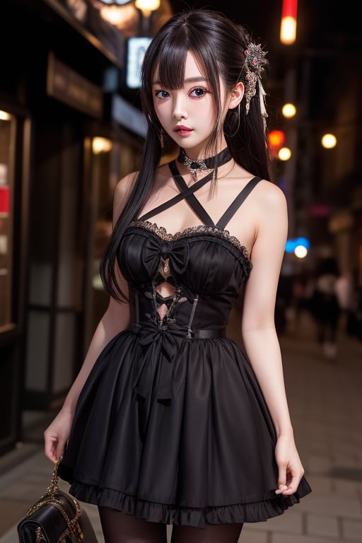 masterpiece, best quality, masterpiece,best quality, 1girl, asian girl, lolita in black, smokey eye, dark makeup, in a dark city