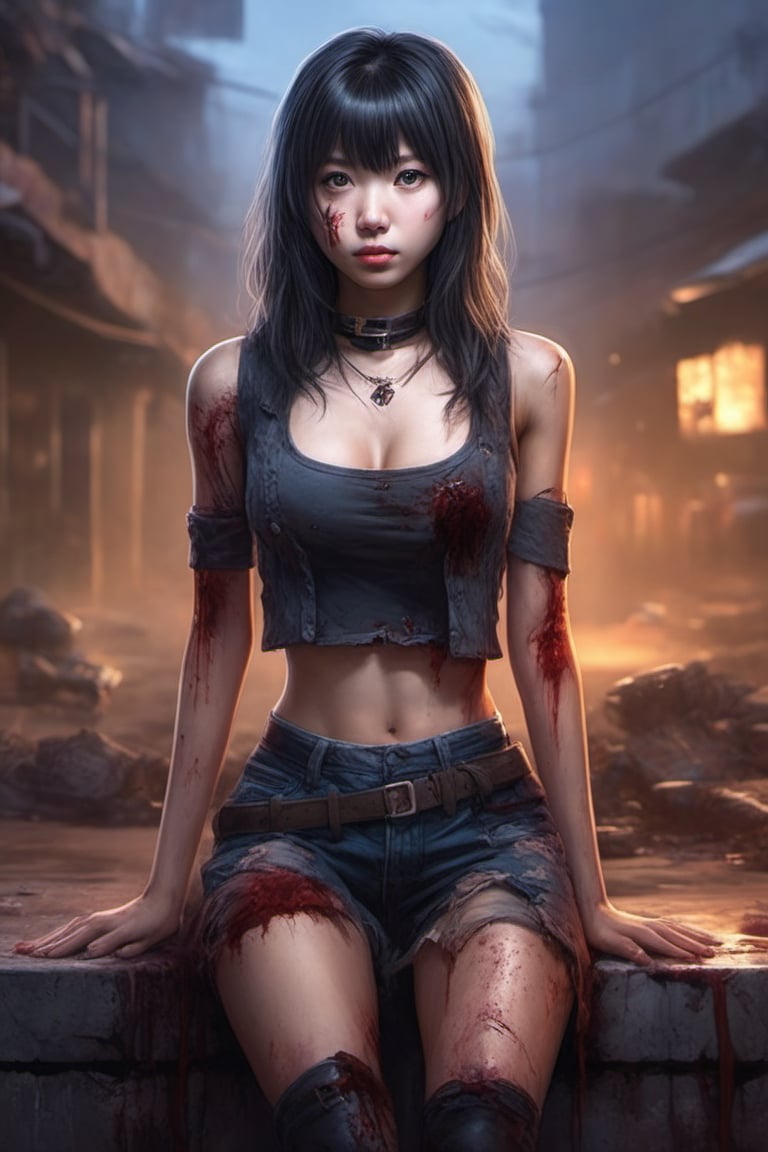 1girl, solo, realistic photo, cute asian girl, long hair, Wound on face, bangs, black hair, medium breasts, sitting, choker,  depth of field, blurry background,  Zombie, Realstic, (full body:1.4), (stand abnormal:1.4)