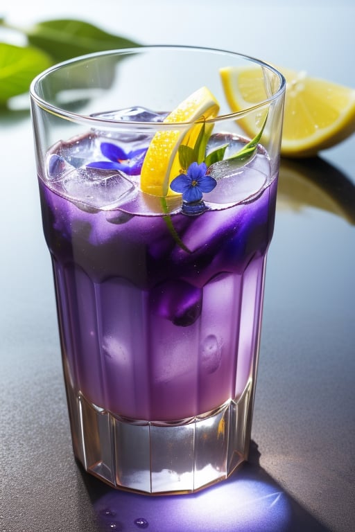 a glass of bluish purple drink , water spot on glass body, some small blue flower inside drink, place on table , a drop of honey drop on the drink