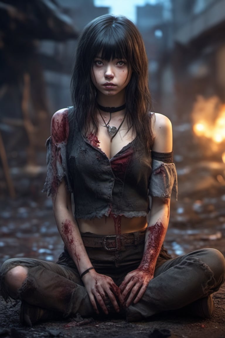 1girl, solo, realistic photo, cute girl, long hair, Wound on face, bangs, black hair, medium breasts, sitting, choker,  depth of field, blurry background,  Zombie, Realstic, (full body:1.4), (stand abnormal:1.4)