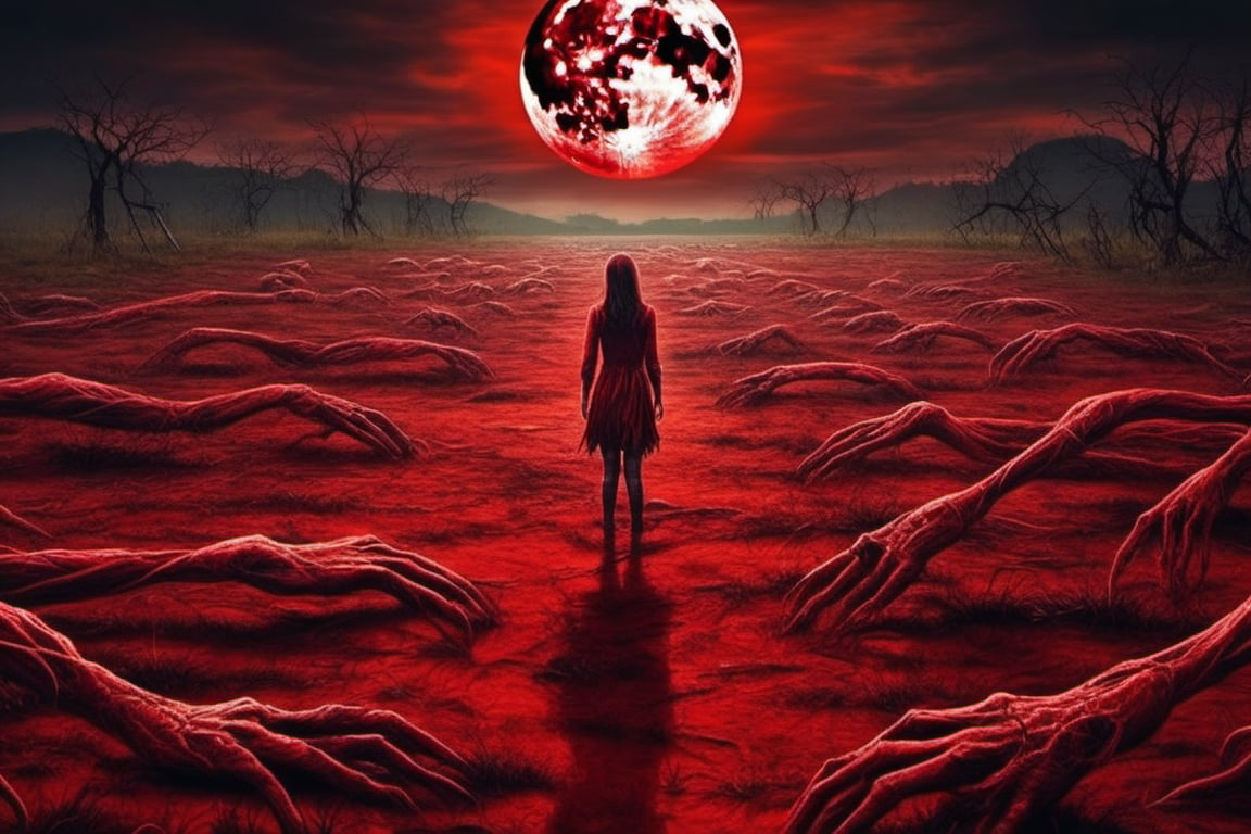 A strange place. The ground is grass that looks like human hands. There are red rivers and an eye shaped big red moon. nightmare scene,  Zombie, Realstic, 1girl standing