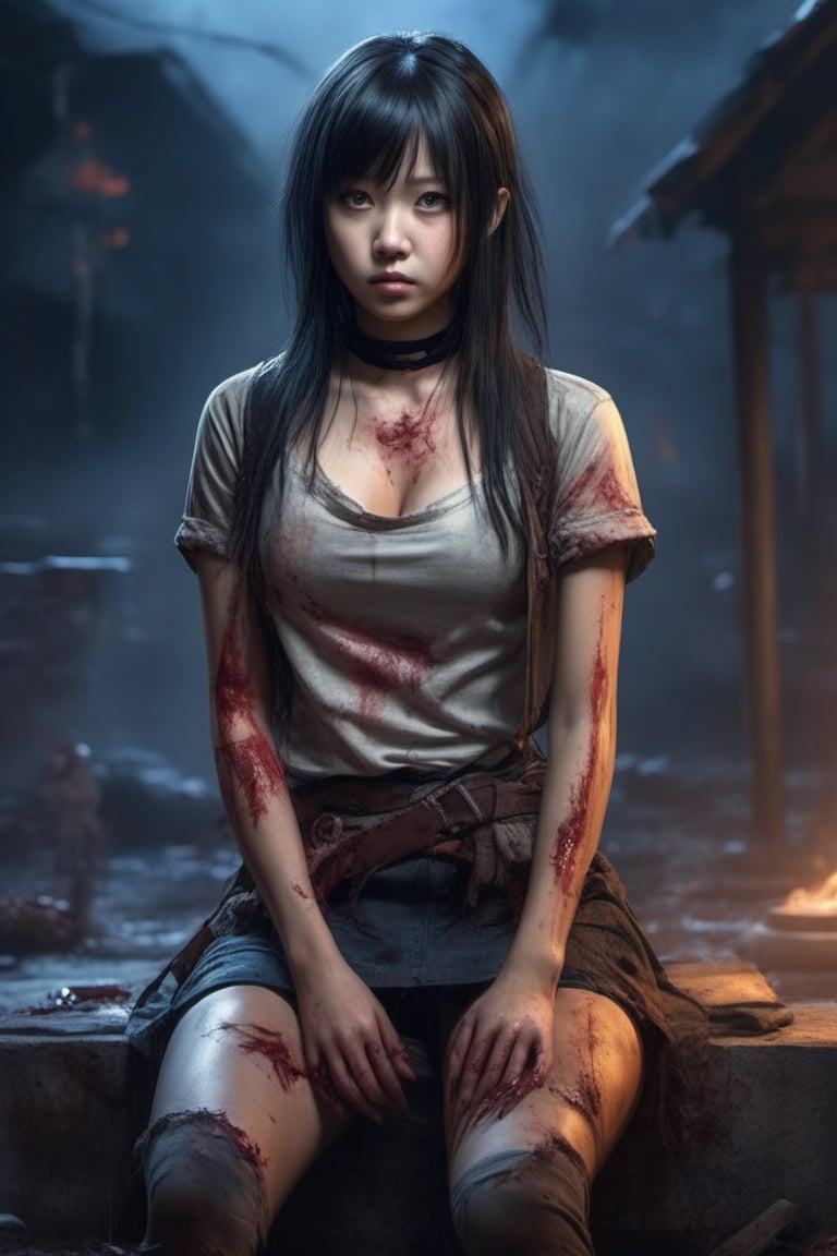 1girl, solo, realistic photo, cute asian girl, long hair, Wound on face, bangs, black hair, medium breasts, sitting, choker,  depth of field, blurry background,  Zombie, Realstic, (full body:1.4), (stand abnormal:1.4)