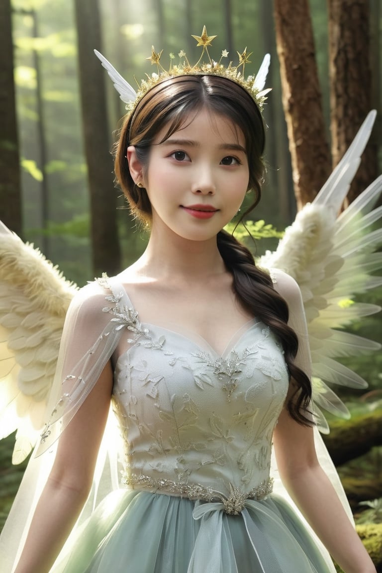 iu, woman, 1girl, solo, (outdoor, at forest), dress, wings, crown, looking at viewer, light smile, realistic, highres