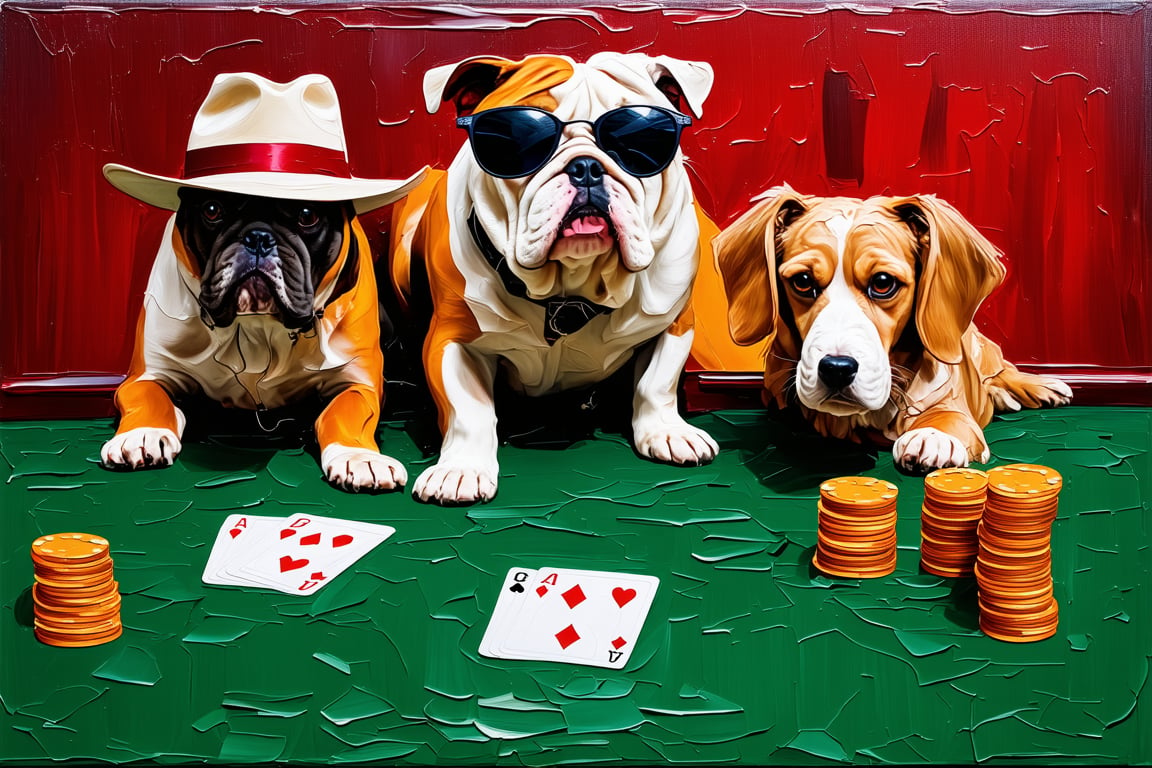 A high-stakes game unfolds in a dimly lit, smoke-filled room. Three canine companions, each donning a fedora and sunglasses, gather around a green felt table. A bulldog holds a straight-faced Jack, while a poodle studies a poker hand with intense focus. Meanwhile, a playful Beagle accidentally knocks over a stack of chips, as the tension builds among this unexpected quartet of card sharks. impasto-acrylic