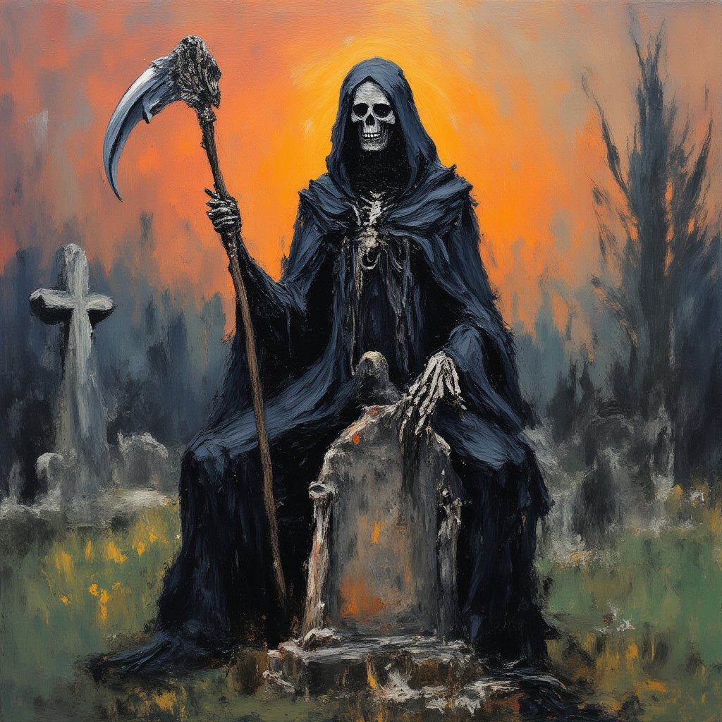 Graveyard scene at dusk: Death sits atop a weathered tombstone, donning a flowing black cloak with a dark hood, grasping an ornate scythe in one hand. Its skeletal face, adorned with a mournful expression, gazes down upon the mortal realm. Shadows dance across the crumbling stone as the last rays of sunlight fade, setting the tone for a somber and haunting tableau., impasto-acrylic