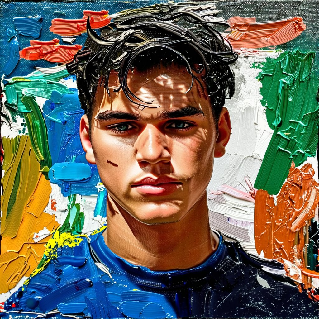 Acrylic, impasto, impasto painting style with acrylic, thick and textured palette knife strokes, thick impasto. Portrait of a young man looking serious at the camera. His hair is dark and falls straight to his shoulders.  Impasto.