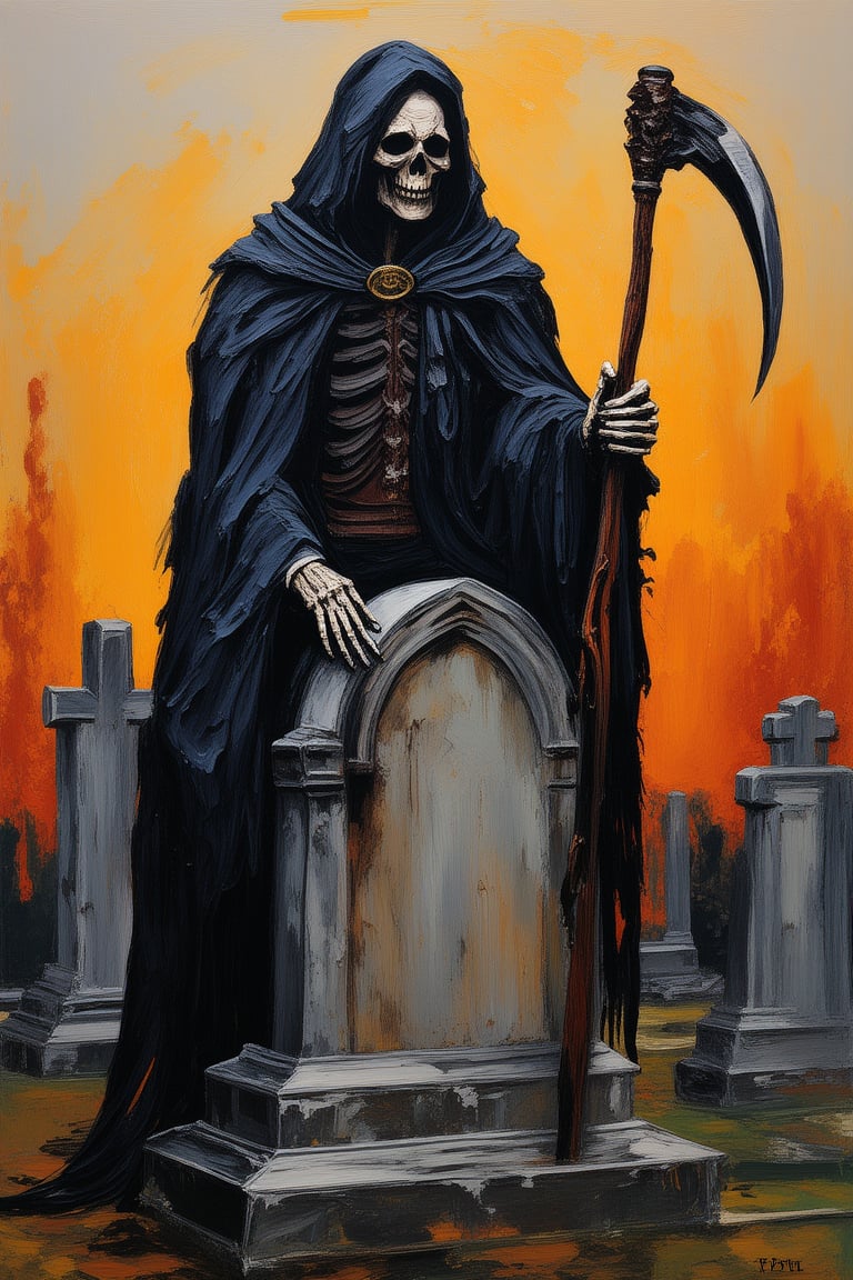 Graveyard scene at dusk: Death sits atop a weathered tombstone, donning a flowing black cloak with a dark hood, grasping an ornate scythe in one hand. Its skeletal face, adorned with a mournful expression, gazes down upon the mortal realm. Shadows dance across the crumbling stone as the last rays of sunlight fade, setting the tone for a somber and haunting tableau., impasto-acrylic