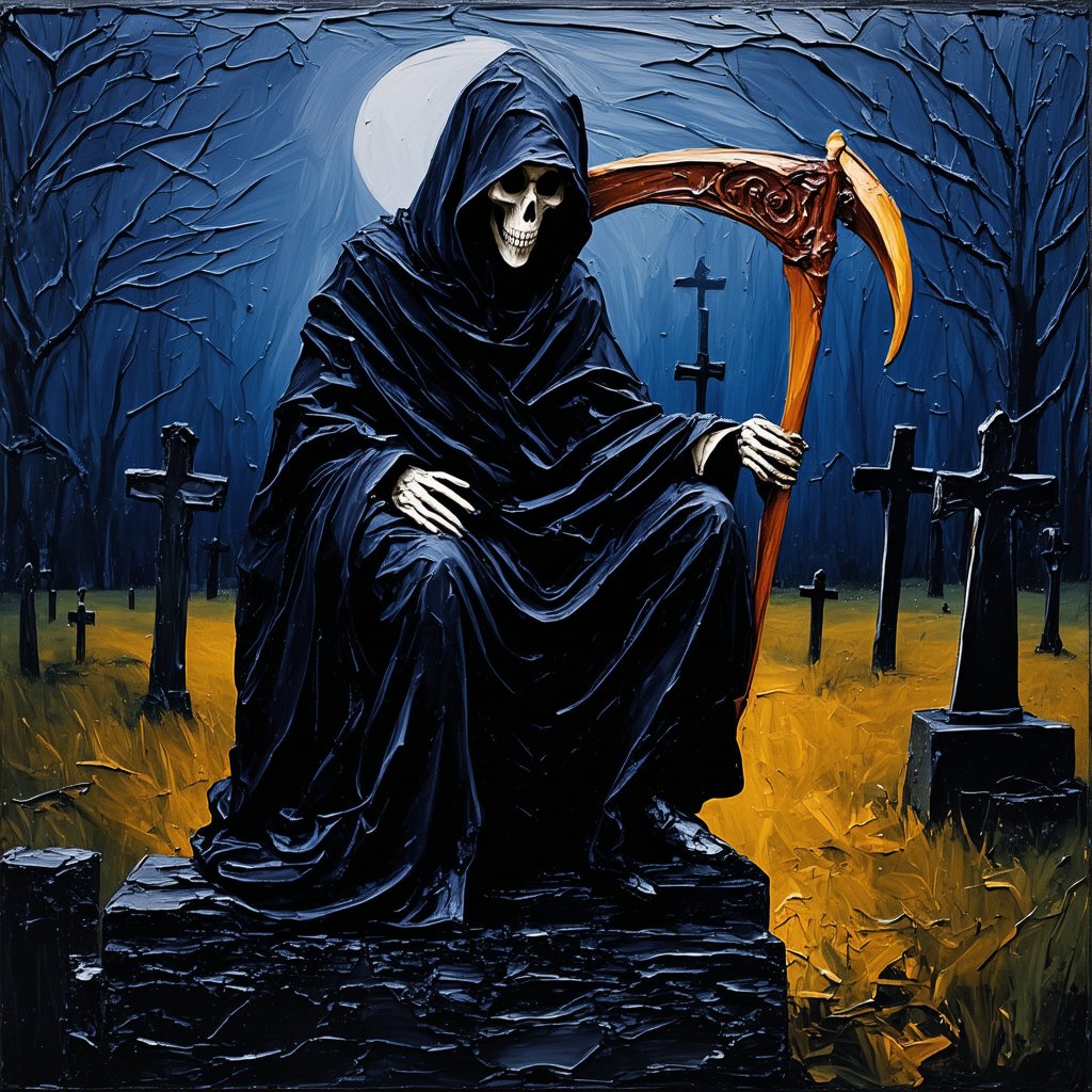 Graveyard scene at dusk: Death sits atop a weathered tombstone, donning a flowing black cloak with a dark hood, grasping an ornate scythe in one hand. Its skeletal face, adorned with a mournful expression, gazes down upon the mortal realm. Shadows dance across the crumbling stone as the last rays of sunlight fade, setting the tone for a somber and haunting tableau.,CossaStyle. impasto-acrylic