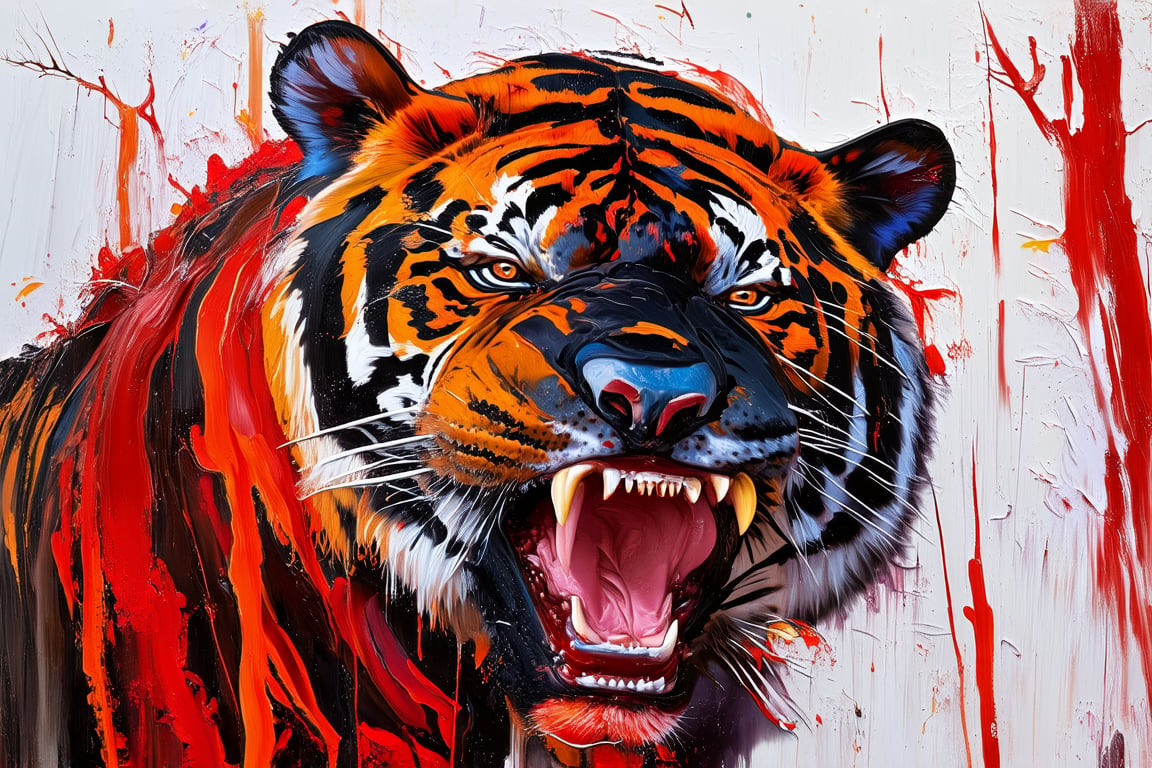 Acrylic painting on canvas. Modern abstract painting style. Thick and distinctive brushstrokes, vivid brushstrokes. Generate a digital masterpiece that draws inspiration from the modern abstract painting style. create (acrylic painted black tiger), looking and growling at viwer up close. bloodshed eyes, scary looking, intense mood, background of forest,Abstract