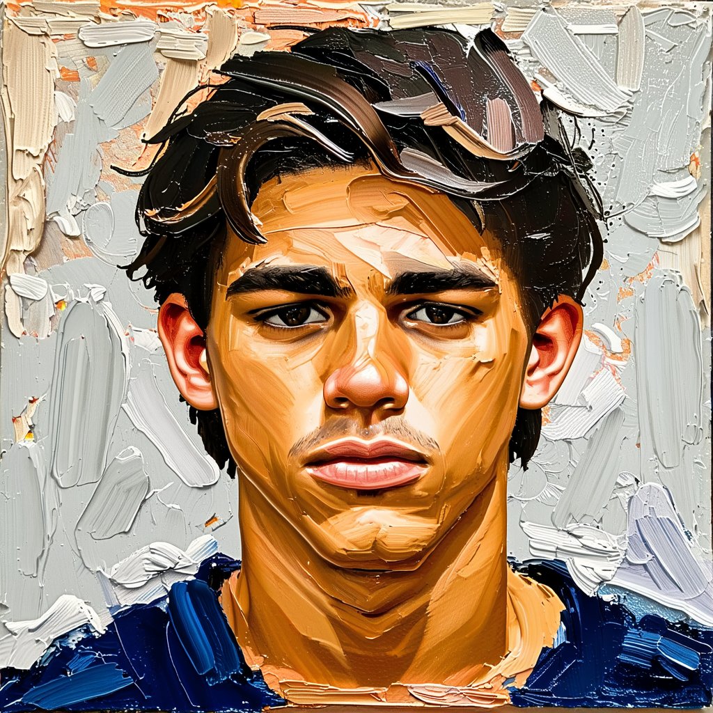 Acrylic, impasto, impasto painting style with acrylic, thick and textured palette knife strokes, thick impasto. Portrait of a young man looking serious at the camera. His hair is dark and falls straight to his shoulders.  Impasto.