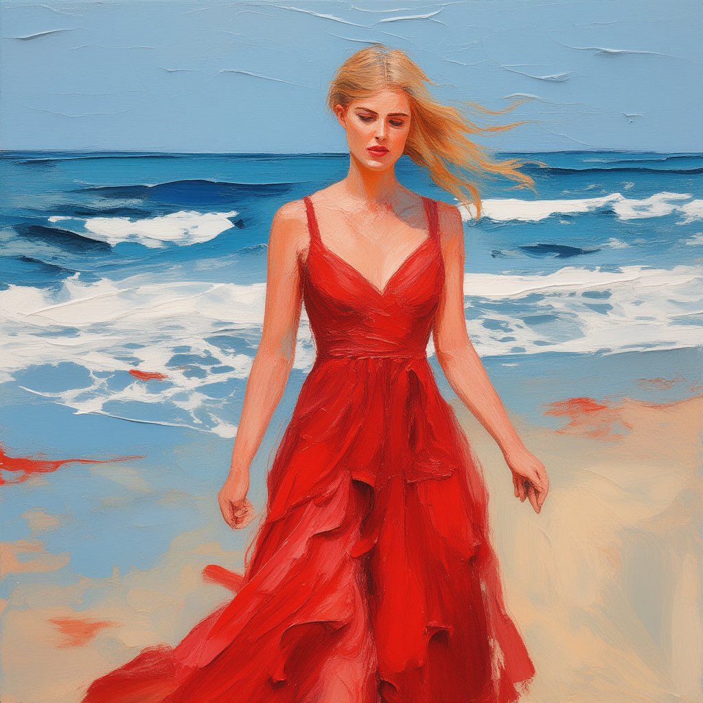 A young blonde woman in a red dress walks on the beach. impasto-acrylic