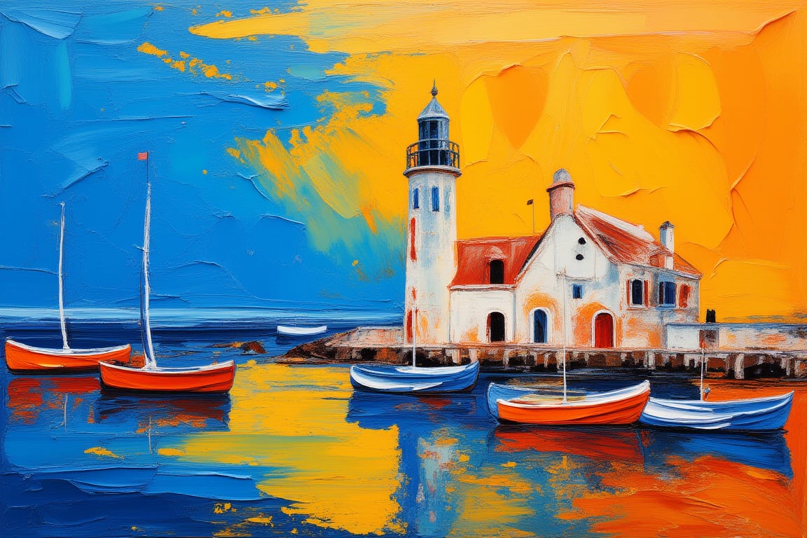 Atardecer a la orilla del mar. Se puede ver un antiguo faro y algunos pequeños botes pesqueros. Impasto-acrylic