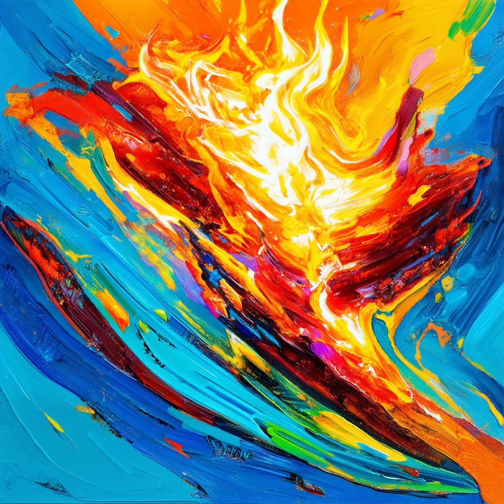 Generate a digital masterpiece that draws inspiration from abstract art. The image should evoke the feeling of watching a book burn, highlighting colors associated with fire. Acrylic paint style. Abstract Paint