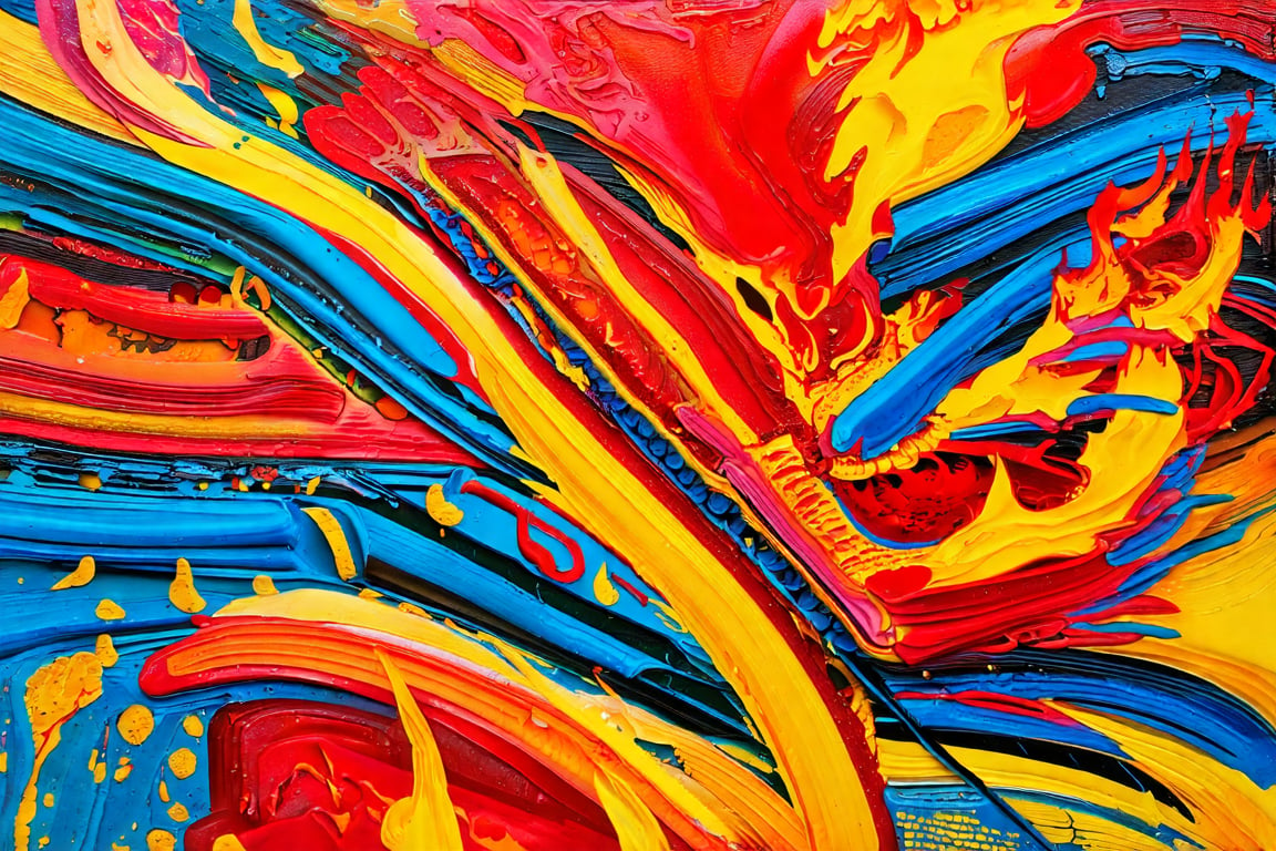 Acrylic on canvas paint style. Abstract paint. Thick and distinctive brushstrokes, vivid brushstrokes. Generate a digital masterpiece that draws inspiration from abstract paint. An image that represents the dystopian and totalitarian society reflected in Ray Bradbury's book Fahrenheit 451. Primarily in vibrant tones of fire, representing the burning of books by the firefighters working for the totalitarian government. Abstract