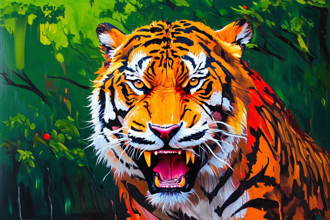 Acrylic painting on canvas. Modern abstract painting style. Thick and distinctive brushstrokes, vivid brushstrokes. Generate a digital masterpiece that draws inspiration from the modern abstract painting style. create a tiger, looking and growling at viwer up close. bloodshed eyes, scary looking, intense mood, background of green forest,Abstract