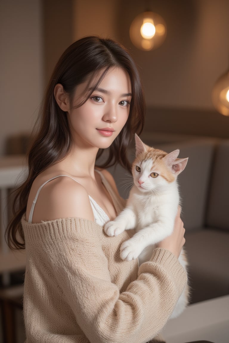 Create a photo in a realistic style, potentially captured by a professional photographer. It features a well-composed portrait of a young woman and her cat. The woman sits in the center foreground, holding a white cat close to her chest. She wore an off-shoulder top and smiled for the camera. The background is a warmly lit interior living space, including spot lamps on tables and blurred furniture. Subtle details such as soft lighting, clutter-free backgrounds and natural tones contribute to a tranquil, homely atmosphere.