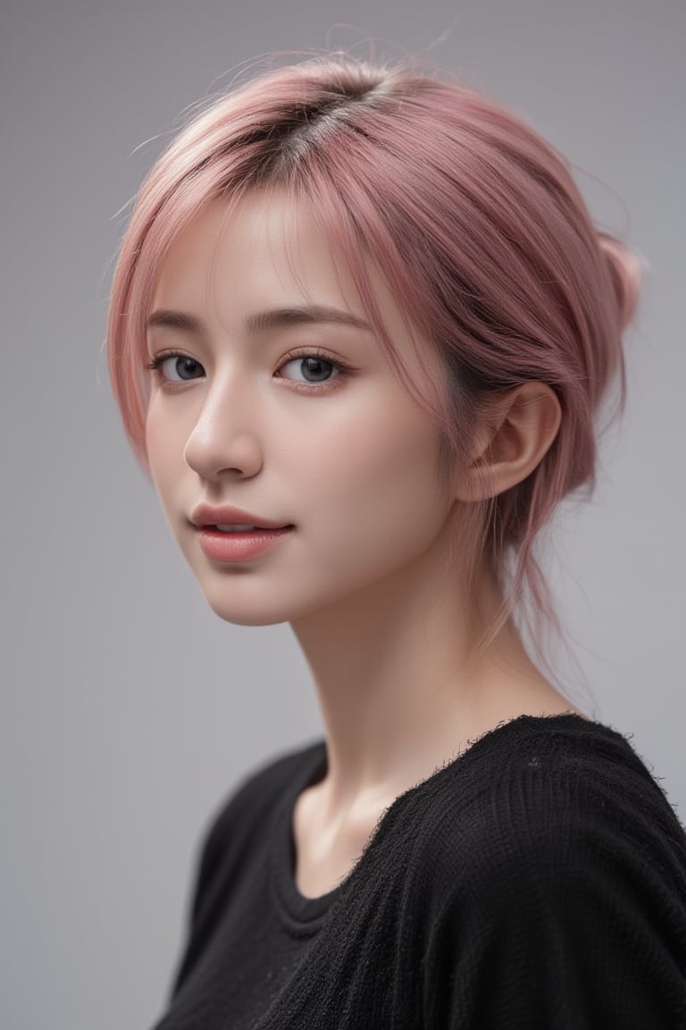 8K quality, real photos, dreamy atmosphere, short pink hair, black magic girl