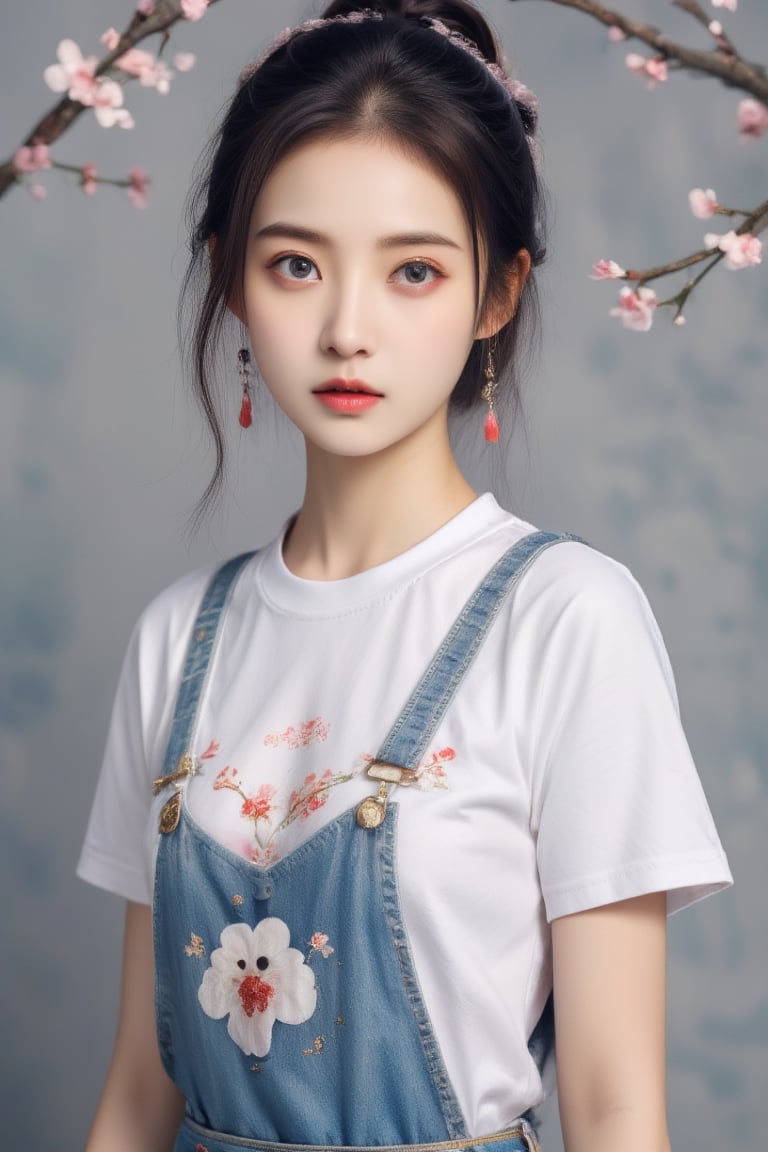 16K portrait photography, Taiwanese beauty, wearing a white loose T-shirt with Maltese pattern, blue denim overalls, fashionable cherry blossom gem earrings on her ears, and a white Maltese, full of casual atmosphere