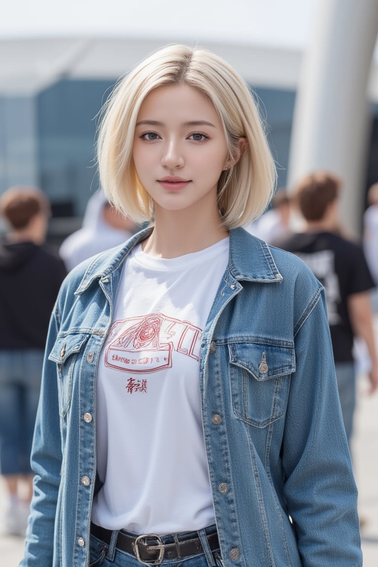 Real photos, beautiful girls, cosplay, Dragon Ball character No. 18, with short blond hair, fair skin, a cold smile on her face, silver hoop earrings on her ears, wearing a white T-shirt, denim jacket, and ghost-washed jeans. Facing the audience, with the 101 Building in the background, full body shot