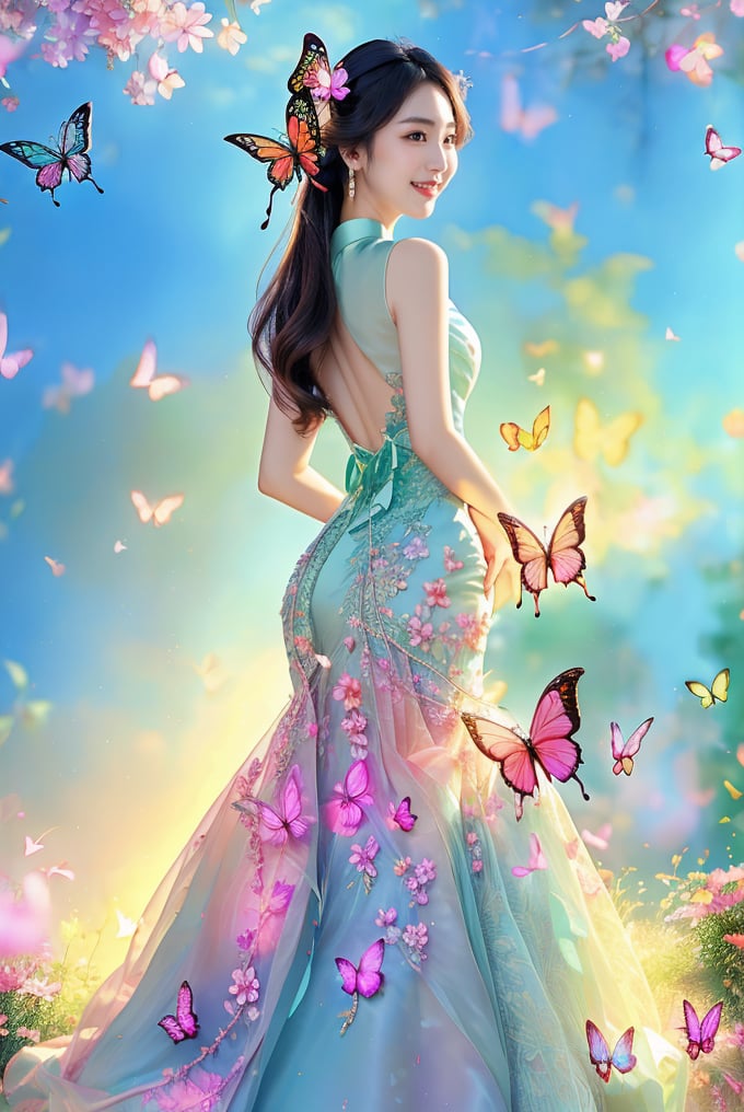 This photo looks like a portrait photo with a modern and professional style. It captures a gentle Taiwanese woman wearing an elegant, intricately designed aqua backless dress, looking back at the camera with a smile. The composition centers on her figure, emphasizing her graceful posture against a soft, blurred background. The background features a blue gradient with blurry shapes, possibly suggesting a dusk sunset scene, with faint abstract flowers or trees. Decorative elements such as delicate floral patterns on the skirt add intricate detail to the picture. Holding colorful dreamy light and shadow butterflies, and surrounded by many neon butterflies, overall, this photo exudes a dreamy and elegant atmosphere.