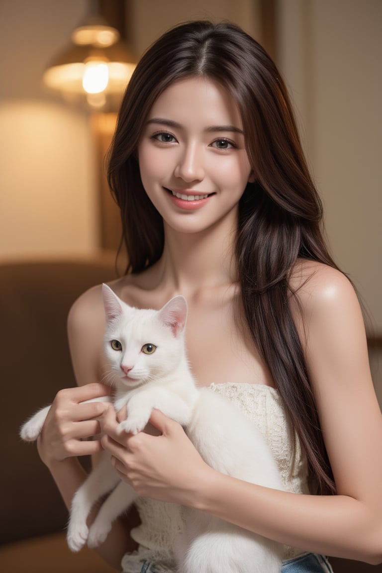 Create a photo in a realistic style, potentially captured by a professional photographer. It features a well-composed portrait of a young woman and her cat. The woman sits in the center foreground, holding a white cat close to her chest. She wore an off-shoulder top and smiled for the camera. The background is a warmly lit interior living space, including spot lamps on tables and blurred furniture. Subtle details such as soft lighting, clutter-free backgrounds and natural tones contribute to a tranquil, homely atmosphere.