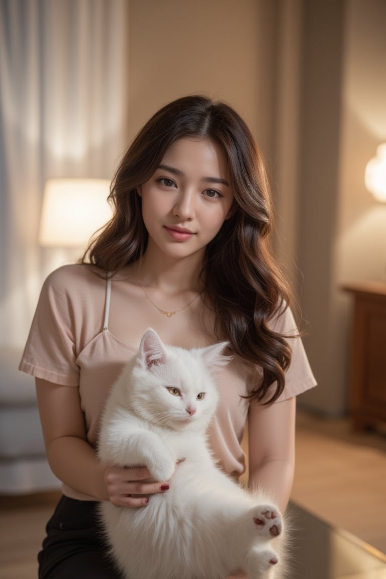 Create a photo in a realistic style, potentially captured by a professional photographer. It features a well-composed portrait of a young woman and her cat. The woman sits in the center foreground, holding a white cat close to her chest. She wore an off-shoulder top and smiled for the camera. The background is a warmly lit interior living space, including spot lamps on tables and blurred furniture. Subtle details such as soft lighting, clutter-free backgrounds and natural tones contribute to a tranquil, homely atmosphere.