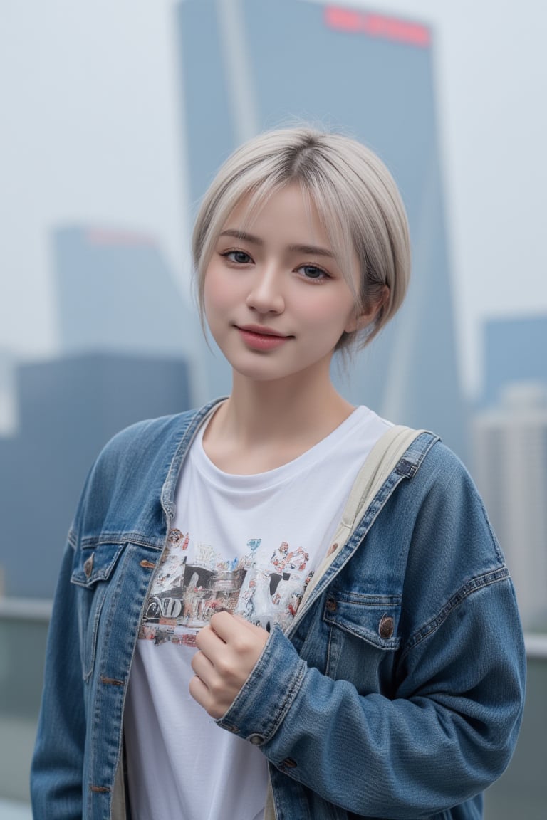 Real photos, beautiful girls, cosplay, Dragon Ball character No. 18, with short blond hair, fair skin, a cold smile on her face, silver hoop earrings on her ears, wearing a white T-shirt, denim jacket, and ghost-washed jeans. Facing the audience, with the 101 Building in the background, full body shot