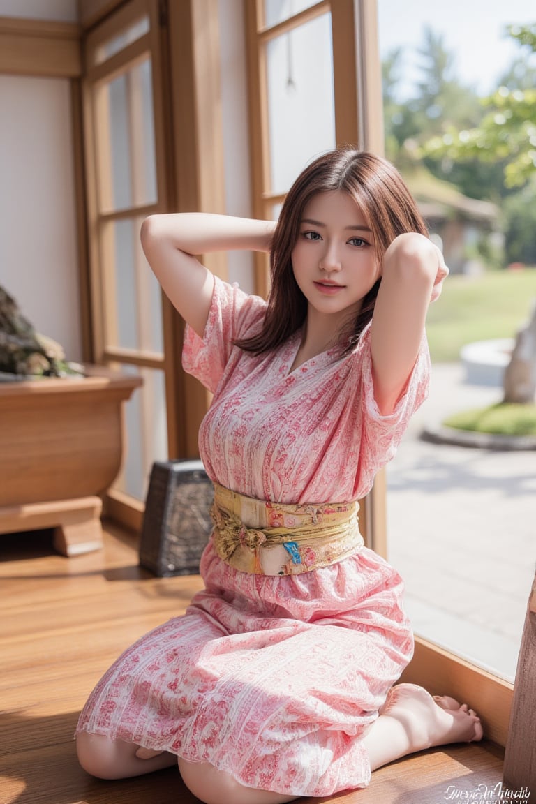 Realistic portrait photography, playing Yadouzi from Demon Slayer: Kimetsu no Yaiba. The picture shows a young Korean woman with long brown hair, wearing a pink floral patterned yukata and a colorful sash, kneeling on the wooden floor by the window. She put her hands behind her head in a casual and candid pose. Bright sunlight pours in, casting a warm glow on her and the wooden interior. The backdrop includes a bonsai landscape and traditional Japanese architecture, showcasing a tranquil cultural environment. The overall composition is balanced, blending traditional clothing with a modern and relaxed atmosphere.