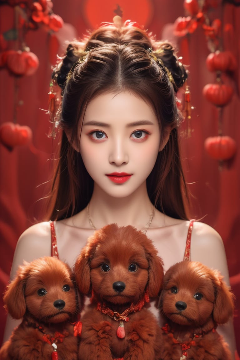 Real portrait photography, Taiwanese beauty, surrounded by several cute red poodle babies, looking straight ahead with a smile, very beautiful