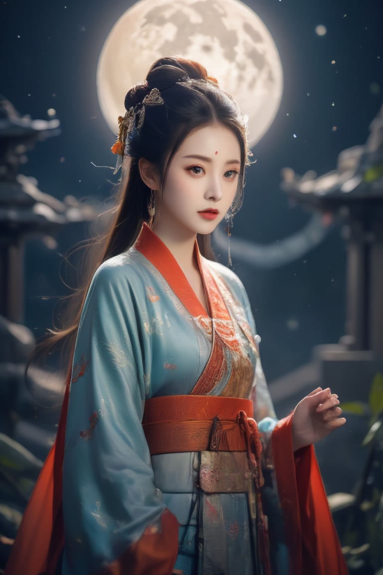 Real 8K portrait photography, a Taiwanese beauty, wearing ancient traditional silk clothing, looking at the camera, slowly rising and flying towards the moon