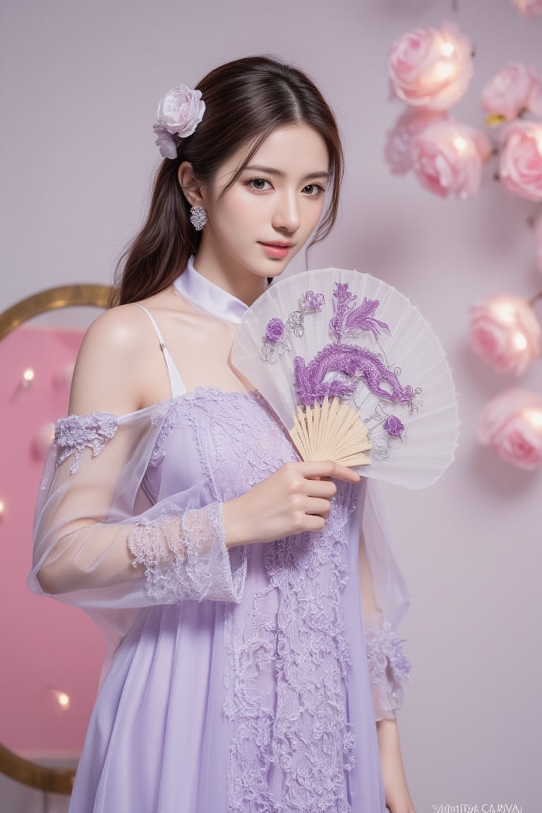 Portrait photography. The composition centers on a classical Chinese woman holding a decorative fan. The subject is a poised young woman wearing a lavender lace off-the-shoulder dress, paired with dainty earrings and a floral hair accessory. She stood in the center of the stage holding a round fan decorated with a purple dragon. The background features a soft floral theme, with delicate roses and glowing lights enhancing the dreamy atmosphere. Other details, such as her calm expression and the meticulous craftsmanship of the costume and fan, play an important role in the overall beauty.