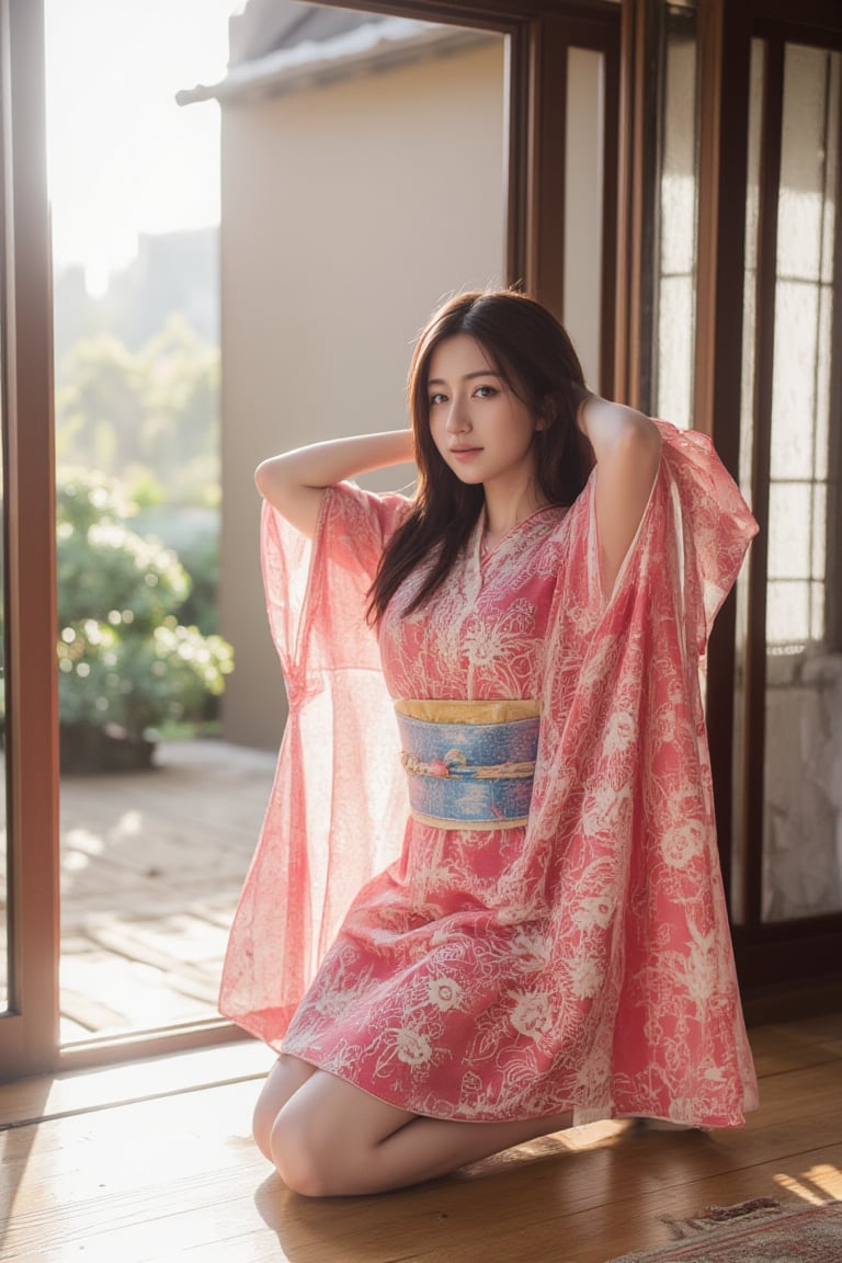 Realistic portrait photography, playing Yadouzi from Demon Slayer: Kimetsu no Yaiba. The picture shows a young Korean woman with long brown hair, wearing a pink floral patterned yukata and a colorful sash, kneeling on the wooden floor by the window. She put her hands behind her head in a casual and candid pose. Bright sunlight pours in, casting a warm glow on her and the wooden interior. The backdrop includes a bonsai landscape and traditional Japanese architecture, showcasing a tranquil cultural environment. The overall composition is balanced, blending traditional clothing with a modern and relaxed atmosphere.