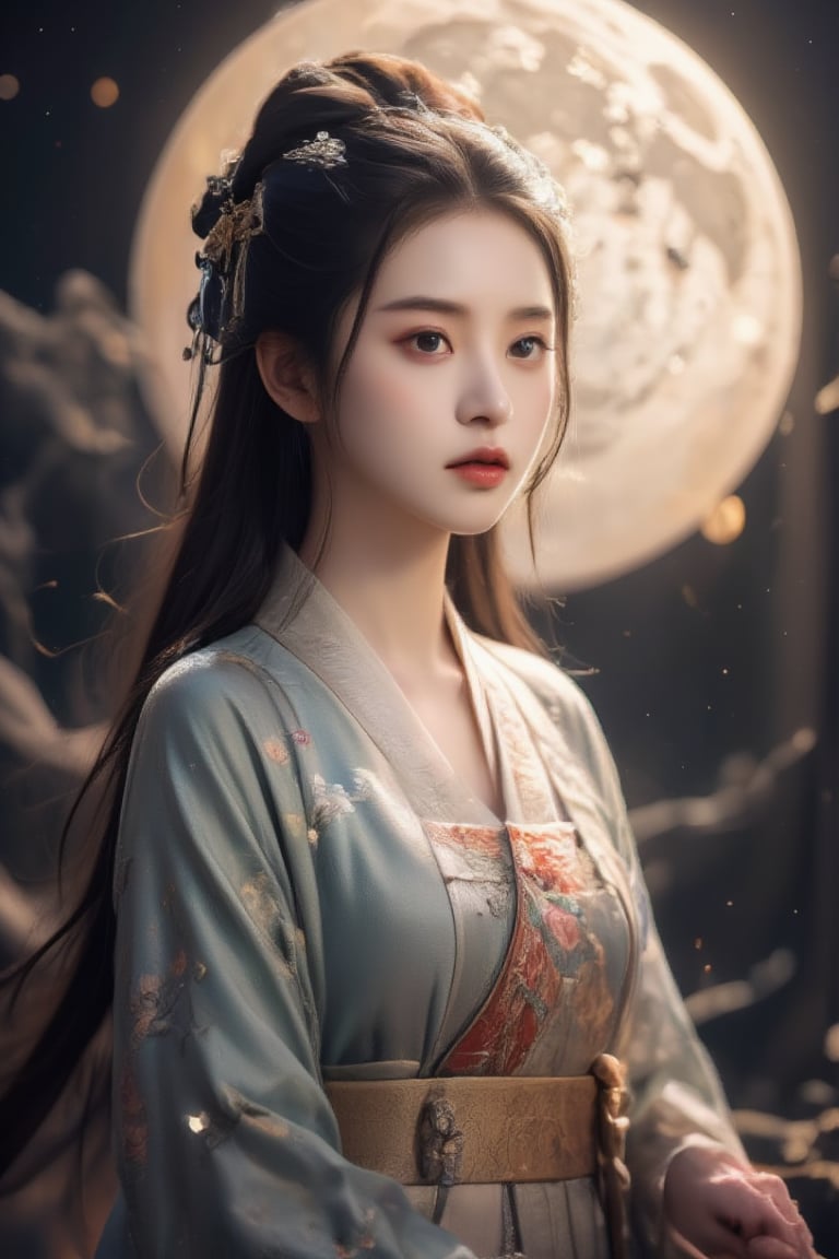 Real 8K portrait photography, a Taiwanese beauty, wearing ancient traditional silk clothing, looking at the camera, slowly rising and flying towards the moon