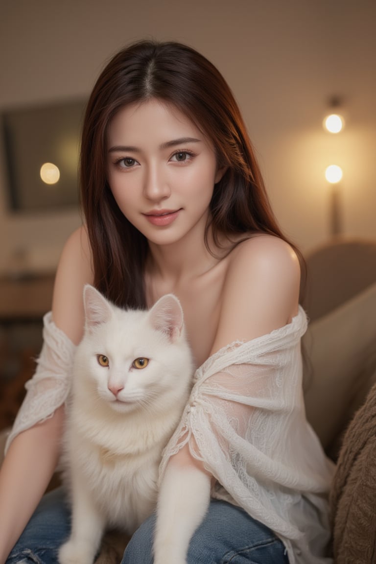 Create a photo in a realistic style, potentially captured by a professional photographer. It features a well-composed portrait of a young woman and her cat. The woman sits in the center foreground, holding a white cat close to her chest. She wore an off-shoulder top and smiled for the camera. The background is a warmly lit interior living space, including spot lamps on tables and blurred furniture. Subtle details such as soft lighting, clutter-free backgrounds and natural tones contribute to a tranquil, homely atmosphere.