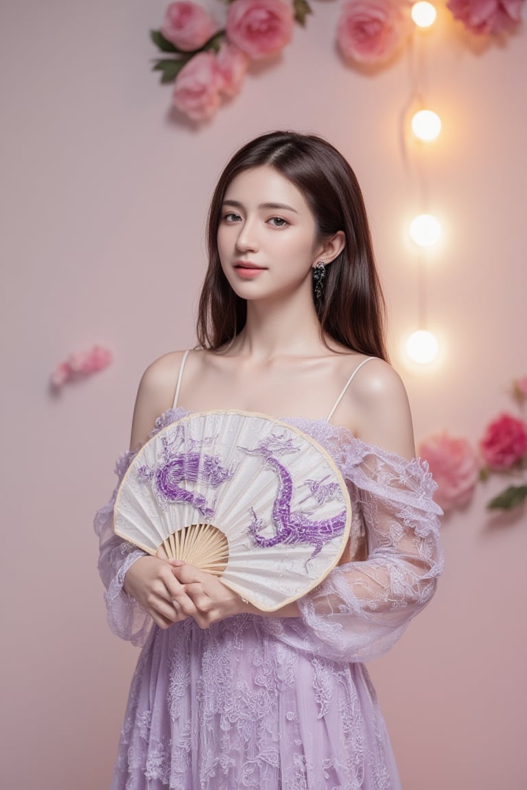 Portrait photography. The composition centers on a classical Chinese woman holding a decorative fan. The subject is a poised young woman wearing a lavender lace off-the-shoulder dress, paired with dainty earrings and a floral hair accessory. She stood in the center of the stage holding a round fan decorated with a purple dragon. The background features a soft floral theme, with delicate roses and glowing lights enhancing the dreamy atmosphere. Other details, such as her calm expression and the meticulous craftsmanship of the costume and fan, play an important role in the overall beauty.