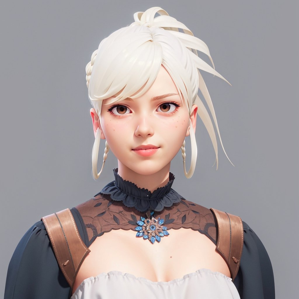 Detailed, Masterpiece, Realistic, Small eyes, side braid, Slender body, Detailed face, Sexy Clothing, Light clothing,Nintendo,Ps5, 
Shiny hair, robust face, Smooth and abundant hair, White hair, realistic hair, Brown eyes