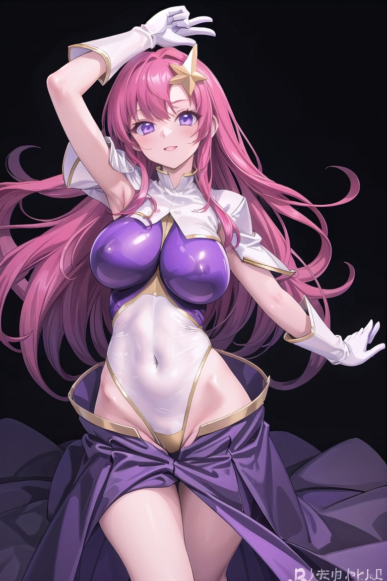 master piece, best quality, highly detailed, ultra detailed,
meer campbell, skirt, large breasts,white leotard, leotard purple leotard,gloves,pink hair, star hair ornament, 1girl, long hair