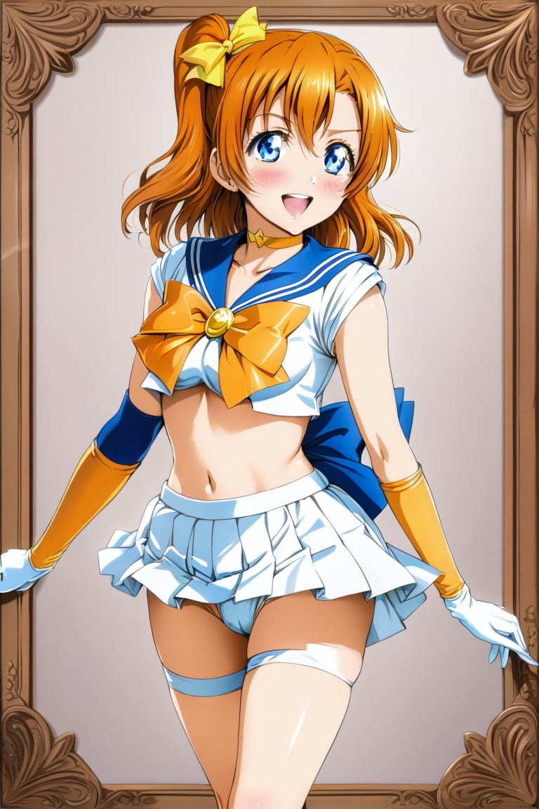 Prompt: master piece, best quality, highly detailed, ultra detailed, more detail XL , (perfect anatomy), , love live!, love live!, love live! school idol project,(((animated))), anime colored,  (((kousaka honoka))), blue eyes, orange hair,wearing a (sailor senshi uniform),sailor_senshi_uniform,skirt lift, 