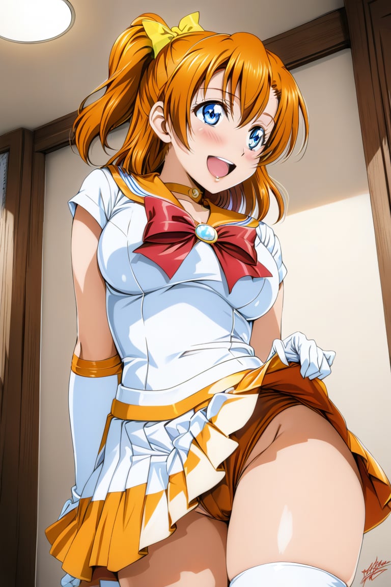 Prompt: master piece, best quality, highly detailed, ultra detailed, more detail XL , (perfect anatomy), , love live!, love live!, love live! school idol project,(((animated))), anime colored,  (((kousaka honoka))), blue eyes, orange hair,wearing a (sailor senshi uniform),sailor_senshi_uniform,skirt lift, from below, 