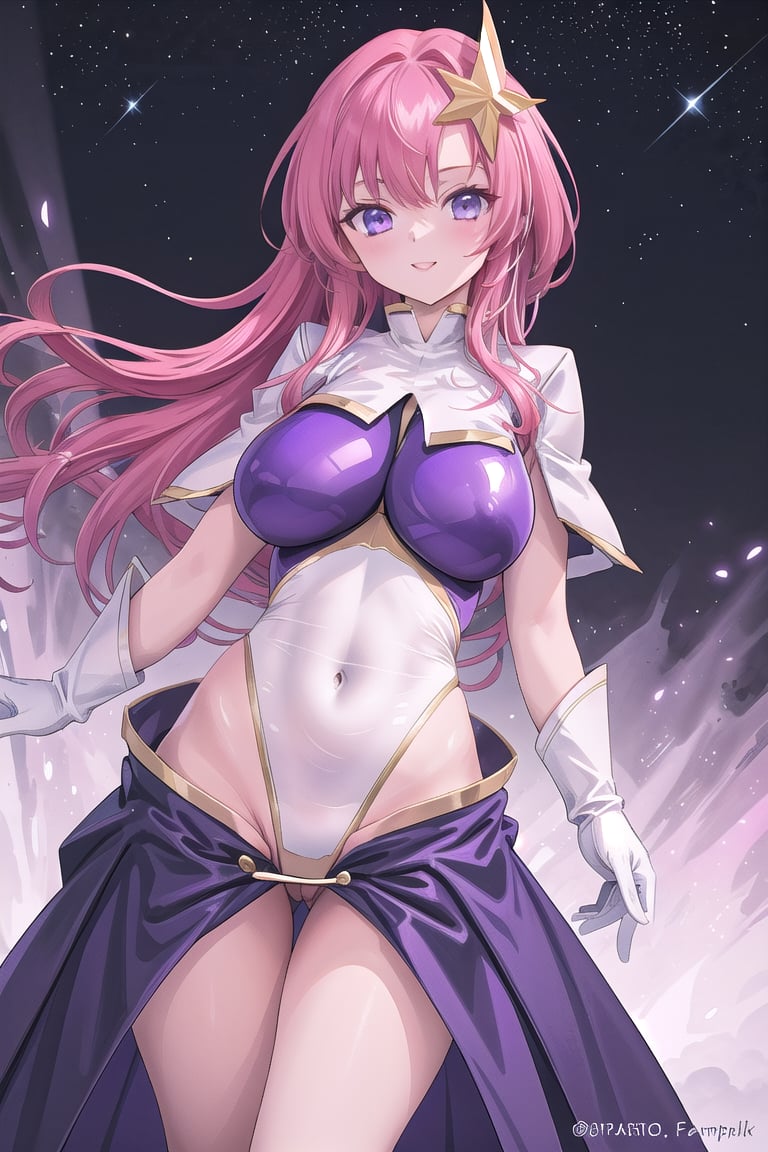 master piece, best quality, highly detailed, ultra detailed,
meer campbell, skirt, large breasts,white leotard, leotard purple leotard,gloves,pink hair, star hair ornament, 1girl