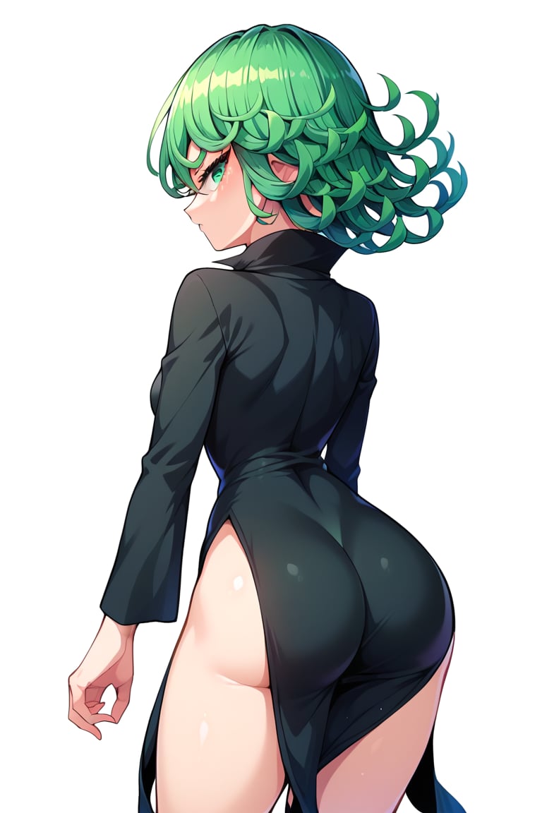 score_9,score_8_up,score_7_up,score_9,score_8_up,score_8,ultra detailed,beautiful face,highres BREAK ,Tatsumaki171,green eyes,green hair,black dress,short hair,tatsumaki,,long sleeves,cowboy shot,from behind,looking back,

 ,(( white background, blank background)),