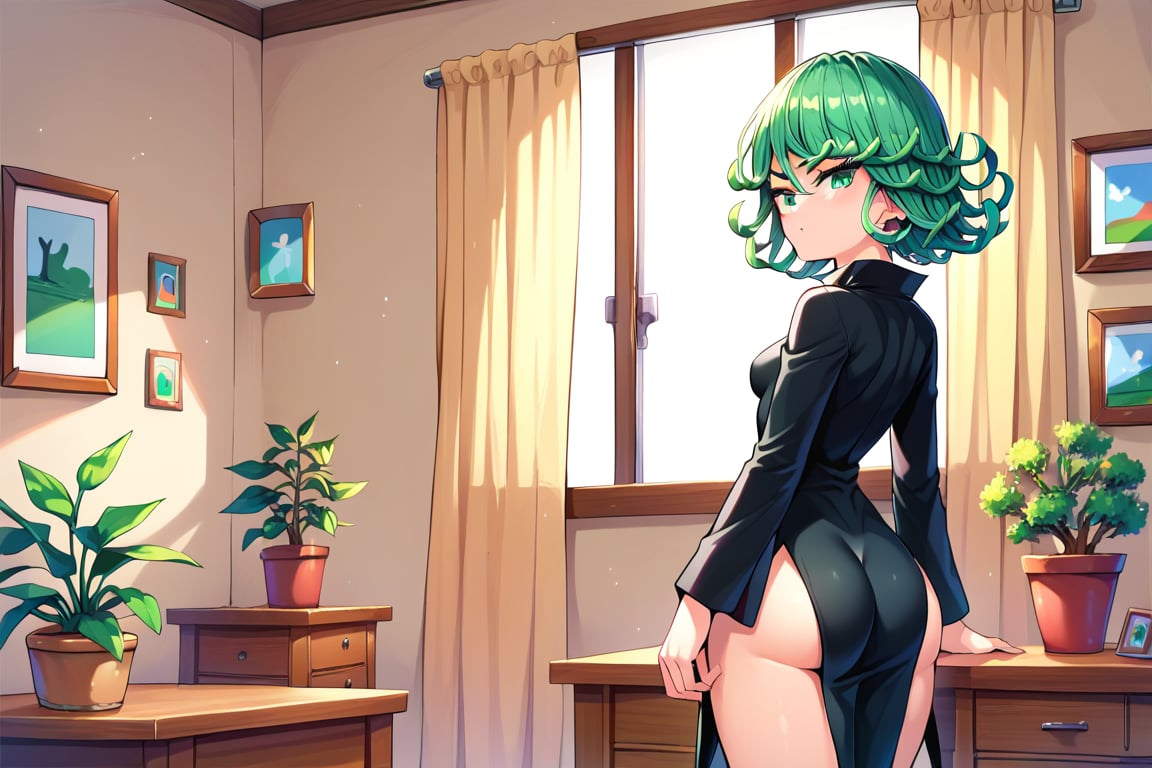 score_9,score_8_up,score_7_up,score_9,score_8_up,score_8,ultra detailed,beautiful face,highres BREAK ,Tatsumaki171,green eyes,green hair,black dress,short hair,tatsumaki,room,room background,long sleeves,cowboy shot,from behind,looking back,