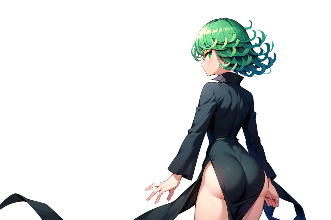 score_9,score_8_up,score_7_up,score_9,score_8_up,score_8,ultra detailed,beautiful face,highres BREAK ,Tatsumaki171,green eyes,green hair,black dress,short hair,tatsumaki,,long sleeves,cowboy shot,from behind,looking back,

 ,(( white background, blank background)),